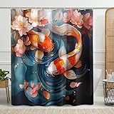 Duschvorhang mit bunten Fischen, bunt, rot-orange, Seerosenblüte, Duschvorhang für Badezimmer, Dekoration, Frühling, Sommer, moderne Kunst, wasserdichter Stoff, Duschvorhang-Set mit Haken, 183 x 183