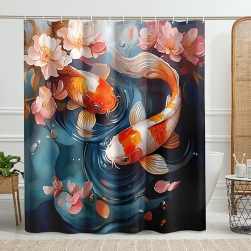 Duschvorhang mit bunten Fischen, bunt, rot-orange, Seerosenblüte, Duschvorhang für Badezimmer, Dekoration, Frühling, Sommer, moderne Kunst, wasserdichter Stoff, Duschvorhang-Set mit Haken, 183 x 183