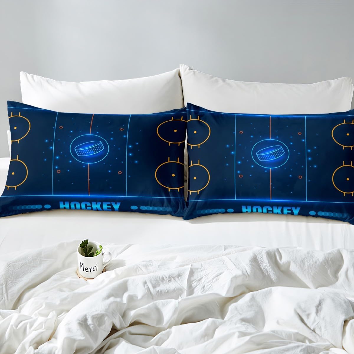 Ice Hockey Bedding Set - Kids Boys Girls Player Comforter Cover Set - Winter Sports Event Duvet Cover Bedroom Hockey Punk Decor Bedspread Cover - Queen Size