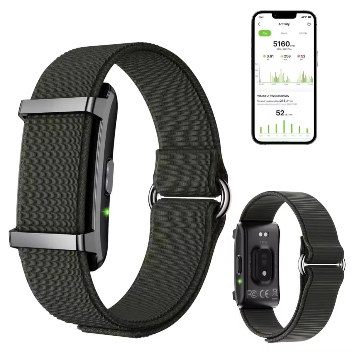 No-Screen Fitness Tracker, Rechargeable Activity Band with App, Includes Charging Cable & Extra Woven Strap, Lightweight Wearable for Health Monitoring (Army Green)-picture-13