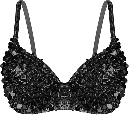 Kvysinly Disfraz de danza del vientre brillante para mujer top de lentejuelas para baile rave tops de fiesta y club