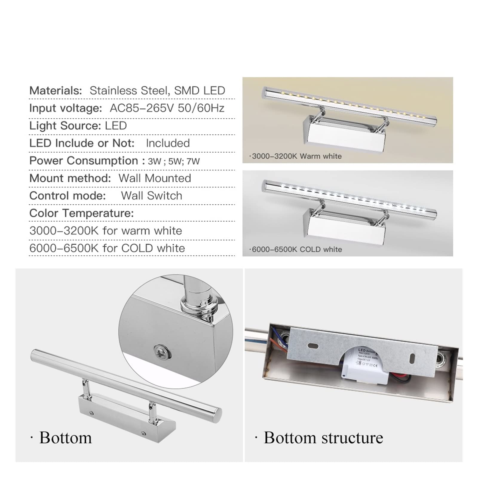 Wiederaufladbare Bilderleuchte, Badezimmerbeleuchtung, Spiegelleuchte, 3 W, 5 W, 7 W, Edelstahl, moderne LED-Wandleuchte, wasserdicht, zum Malen von Bildern
