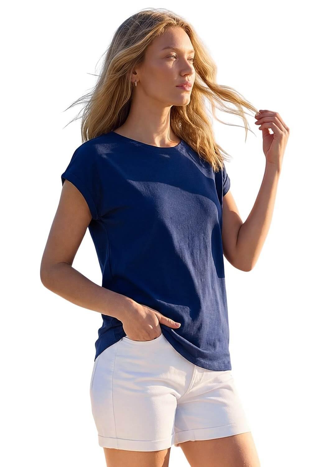 Roman Plain Stretch Cotton Jersey T-Shirt for Women UK Ladies Spring Everyday Summer Holiday Round Neckline Comfy Short Sleeve Soft Woven Fabric Tee Daywear Vacation - Navy - Size 16