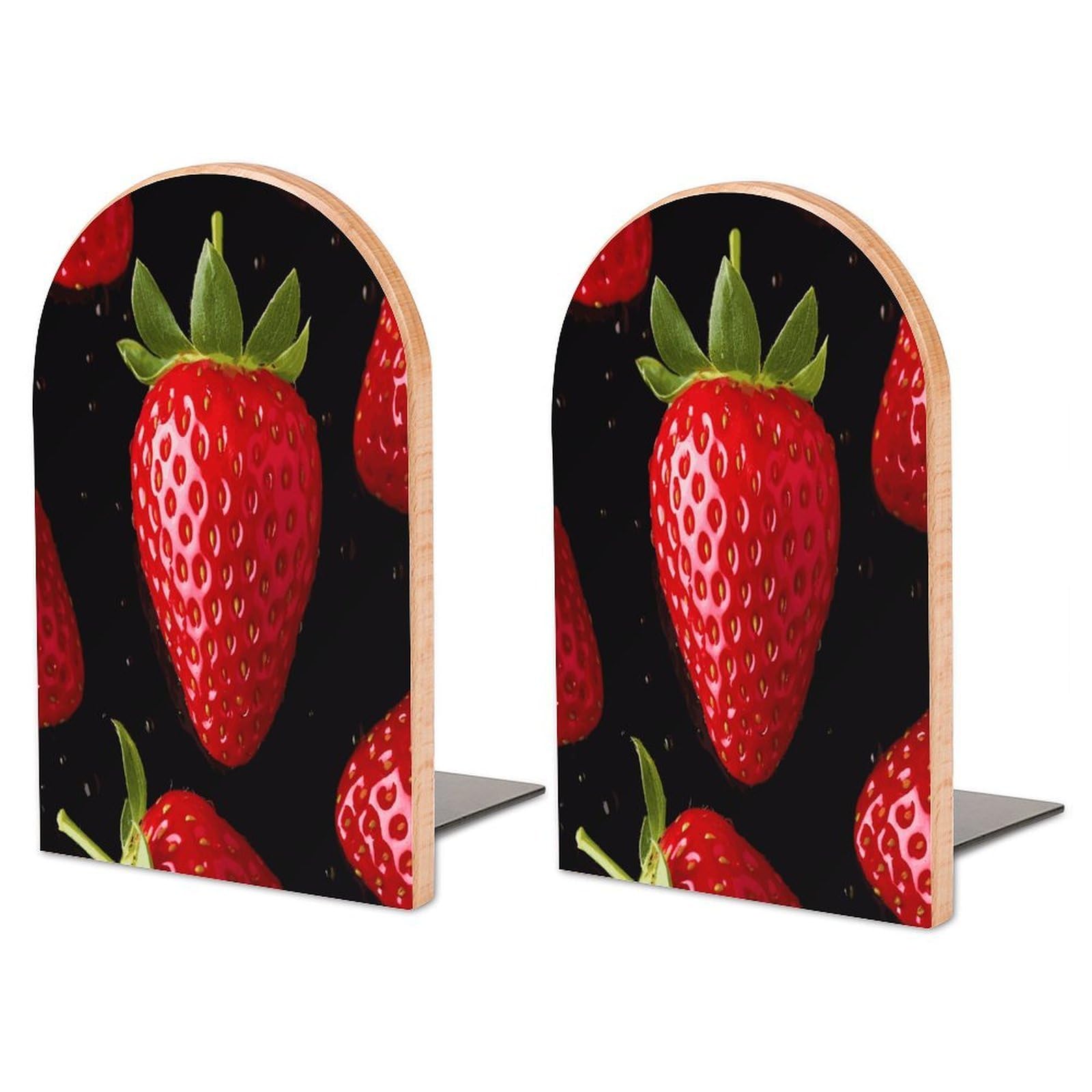 Heavy Duty Strawberry Book End Wooden Bookends with Metal Base Non-Skid Book Stopper for Shelves Books Organizer for Home Office Supplies 6.7 X 4.7 X 3.9”