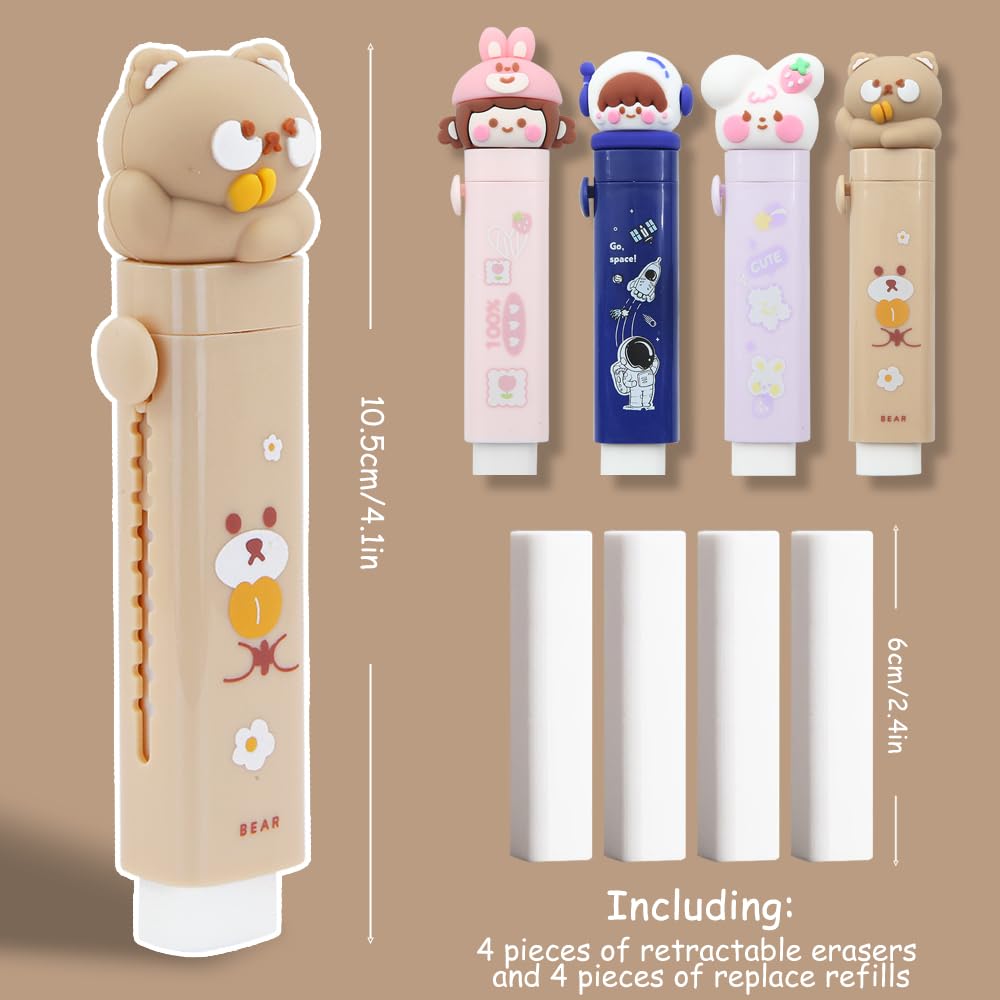 Cute Cat Paw Retractable Rubber Eraser, 4 Pcs with 4 Refills, Sliding Eraser for Kids Students Writing Office School Supplies - Image 2
