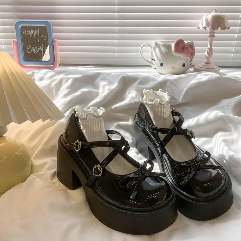 Women's Cute Bow Mary Jane Shoes Kawaii Cross Strap Round-Toe Chunky Wedge Pumps Casual Platform Shoes Cosplay Costume4