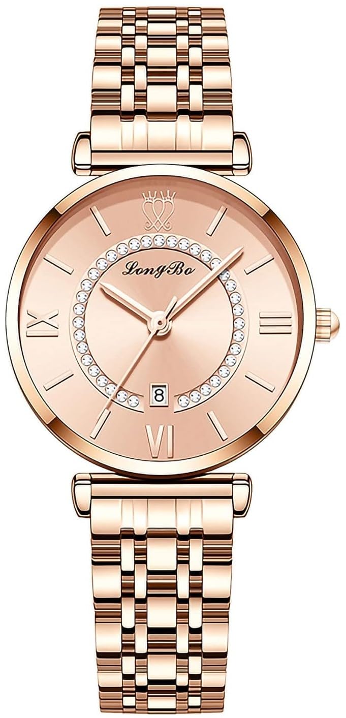 LONGBO Round Shape Rose Gold Stainless Steel Analog Watch with Studded Diamond Dial Waterproof Watch for Girls Ladies Women | Birthday Anniversary Gift for Wife (Rose Gold Case and Band) (B0BY57MJGY) Amazon Price History, Amazon Price Tracker