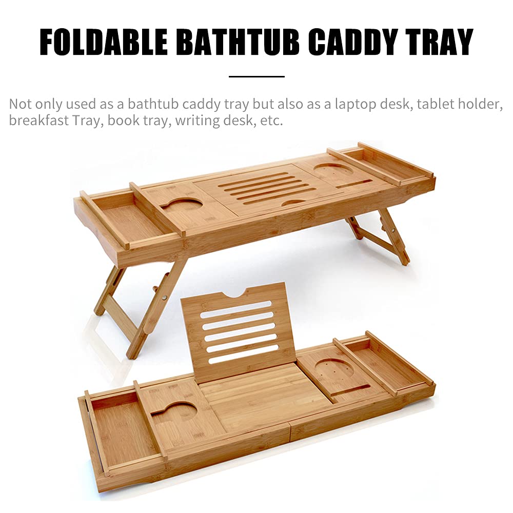 Bandeja de bambú para bañera – Organizador de baño Extensible con agarres Antideslizantes, Patas Plegables, Soporte para teléfono y Vino, Soporte para Libros, Bandeja de SPA de