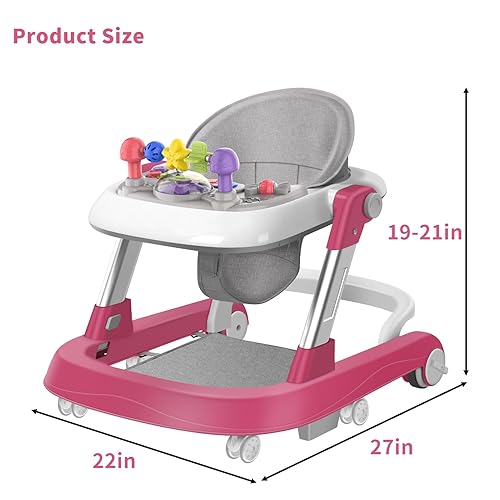 Miniatura 8 de Andador de bebé (rojo rosa) - Andador de bebé plegable ajustable de altura de 6 engranajes y centro de actividades, andador de bebé con ruedas,