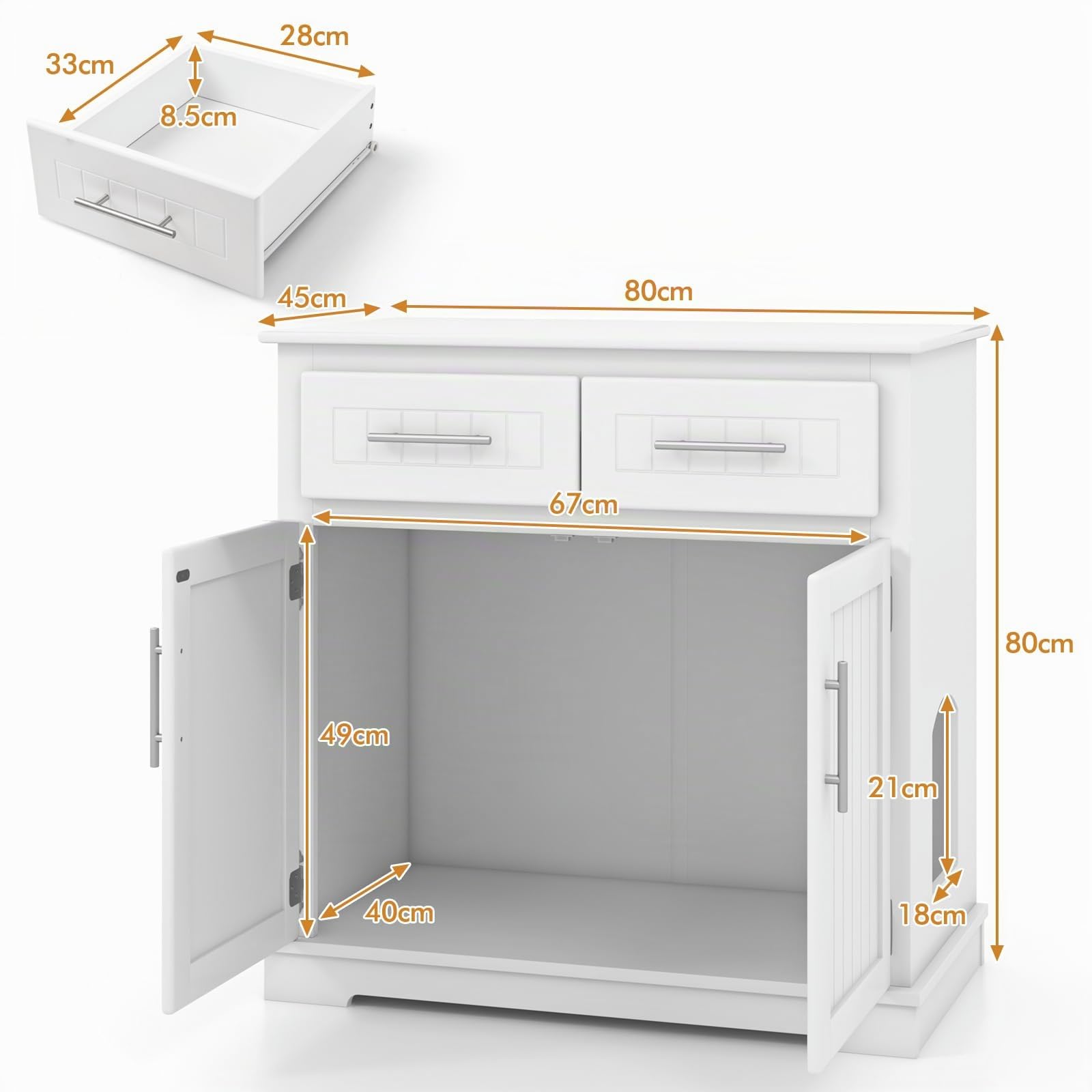 GYMAX Katzenschrank, Katzenklo Schrank 80 x 45 x 80 cm, Katzenhaus mit 2 Türen & 2 Schubladen, Katzenhöhle mit Anti-Kipp-Vorrichtung für Eingangsbereich & Wohnzimmer, Weiß