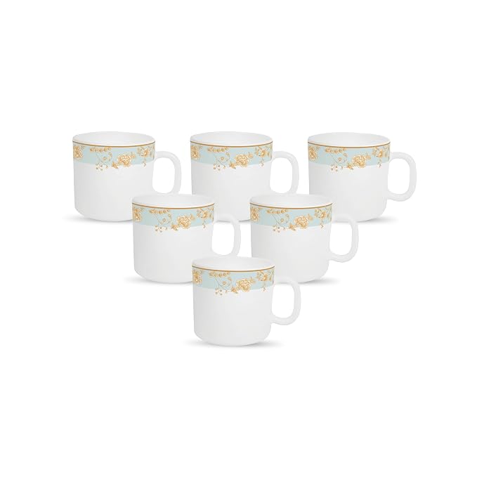 La Opala Diva, Sovrana Collection Opal Glass Crockery | Coffee Mug Regular, Set of 6 | Medusa Gold, 190 ml | for Tea & Coffee | Microwave Safe | 100% Vegetarian | Extra Strong | Super Light & White
