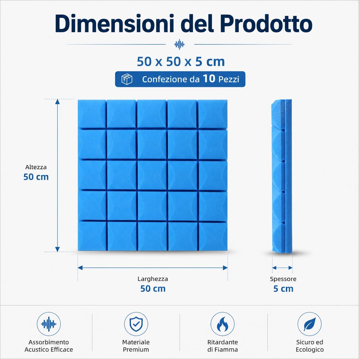 Pannelli Fonoassorbenti Blu 50X50X5Cm con Adesivo 10 Pezzi per Home Theater Studio Musica Registrazione Audio Riduzione Rumore Gaming Assorbimento Acustico Professionale