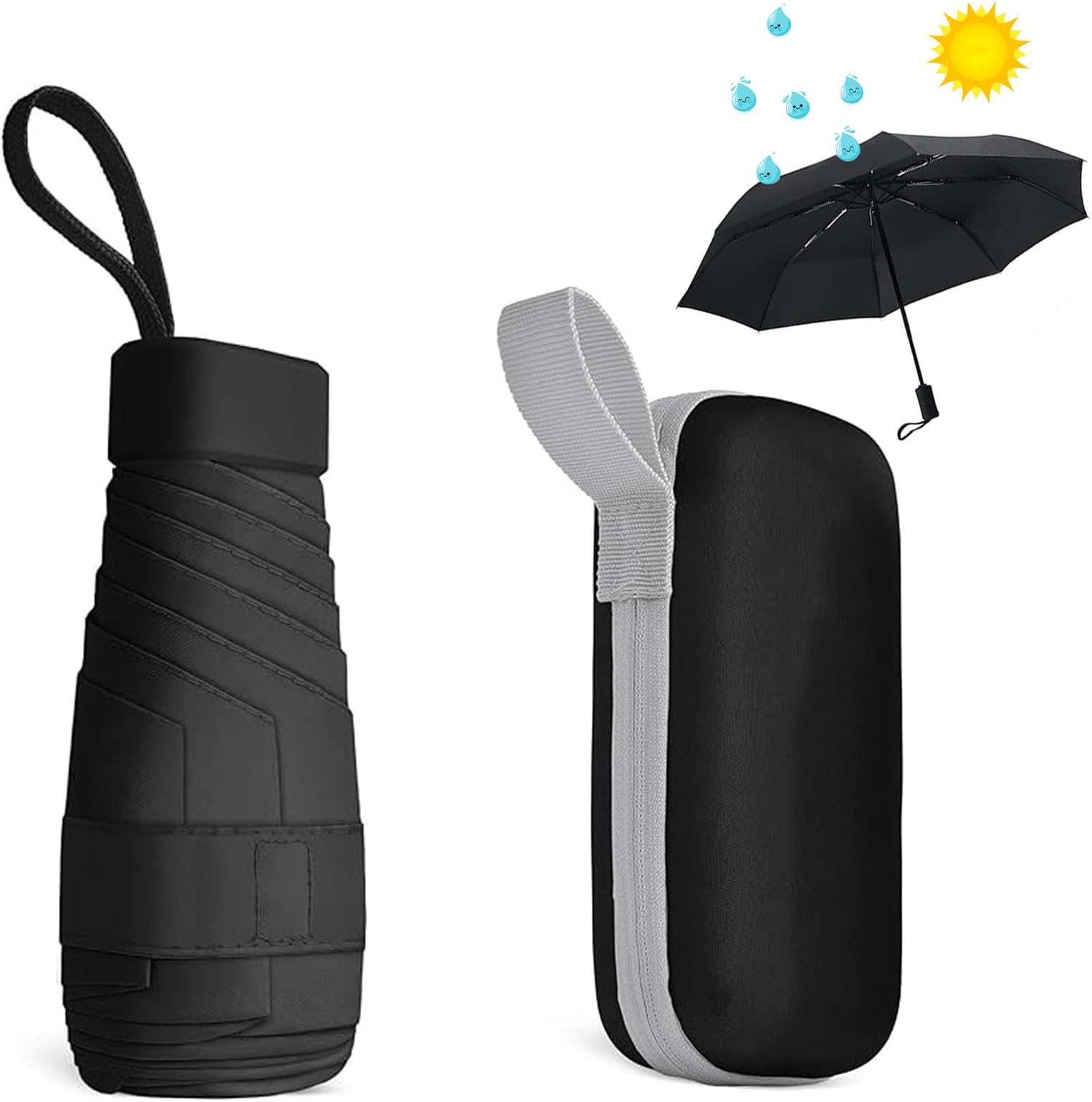 Windproof Mini Travel Umbrella with UPF50+ Protection, 6 Ribs, Compact Folding, Portable UV Protection, Includes Storage Box