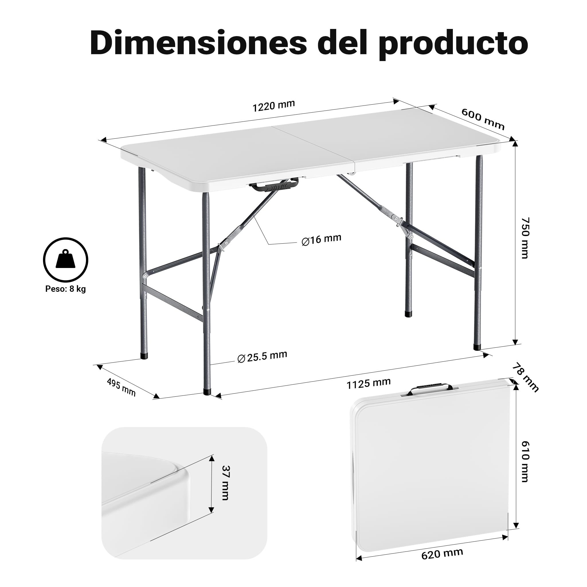 WilTec Mesa Camping Plegable portátil Jardín Exterior Outdoor Accesorios Mobiliario 122x60x75 Blanca