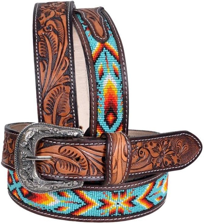 Leather Belt Good Handmade Beaded Men's Quality Thick Durable Wax Colorful Designs Cowboy Western Style Alloy Classic Fitted Casual Formal Wear in Pant Trouser Jeans Size: W-34-37/L-43in