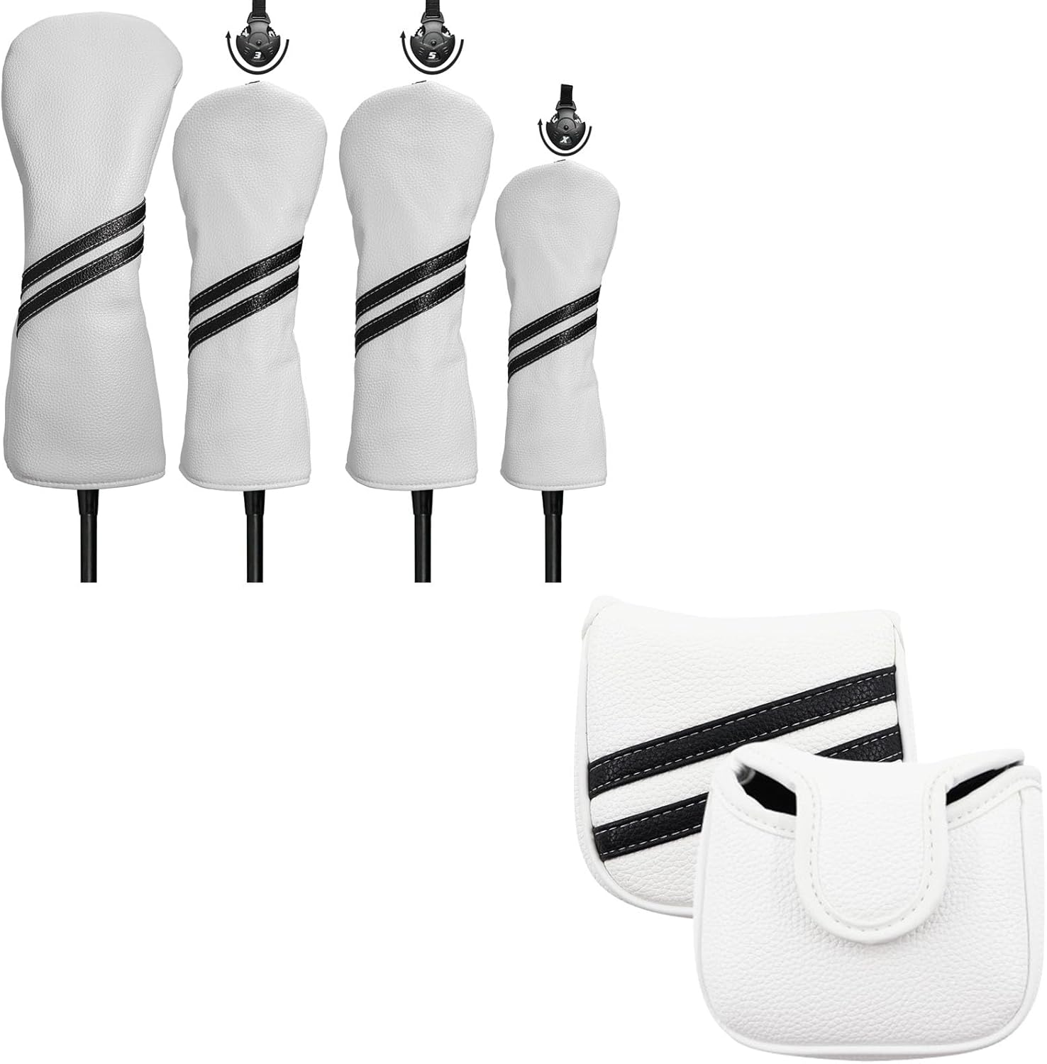5Pcs Golf Club Head Covers Set for Driver, Fairway, Hybrid with Interchangeable Tags & Square Mallet Putter Cover with Magnetic Closure