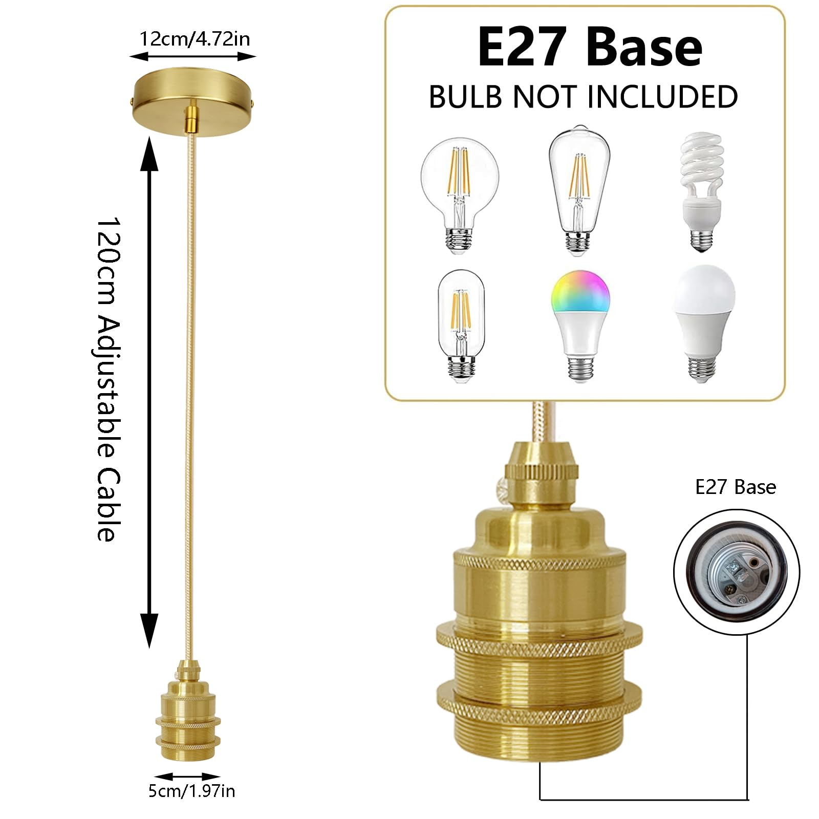 3 Stücke Gold Lampenaufhängung, E27 Metall Retro Lampenfassung Pendelleuchte 120cm Textilkabel Höhenverstellbar Vintage Hängeleuchte, DIY Hängelampe für Küche Wohnzimmer Esszimmer (Ohne Glühbirne)