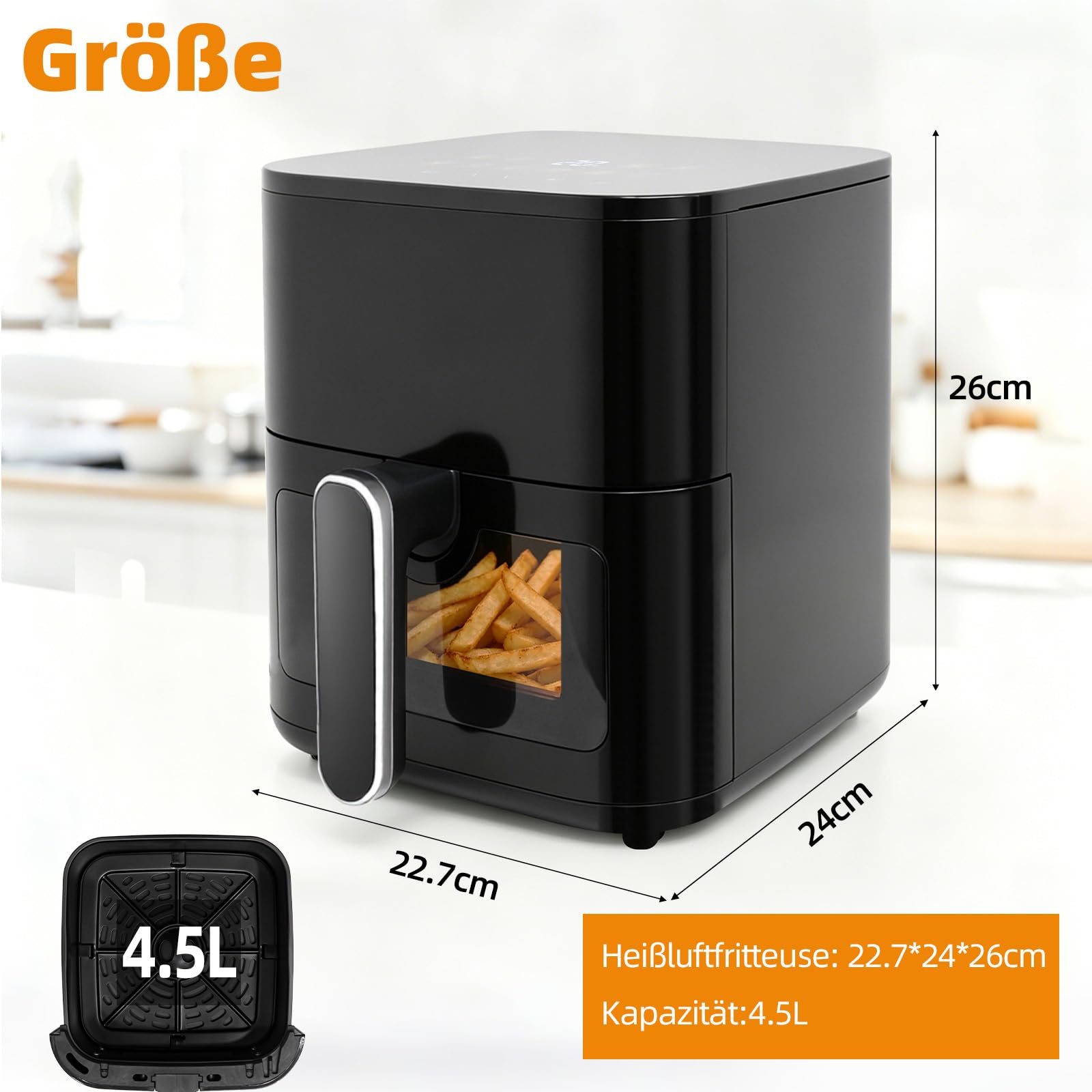 Freidora de aire caliente, 4,5 L, 1200 W, 8 programas | Pantalla LED digital, ventana de visualización, temporizador, freidora sin aceite