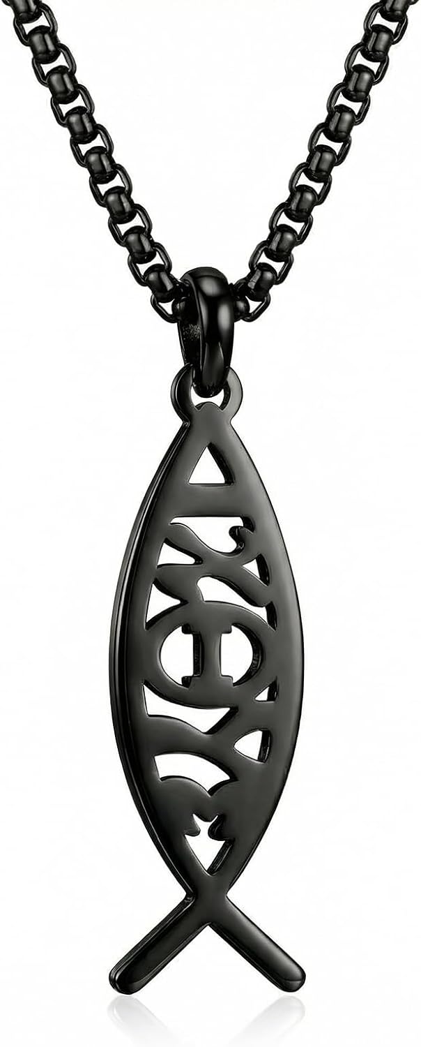 Jesus Fish Necklace Stainless Steel Christian Fish Pendant Necklace Christian Religious Jewelry Gifts for Men Women Father Husband 22+2”
