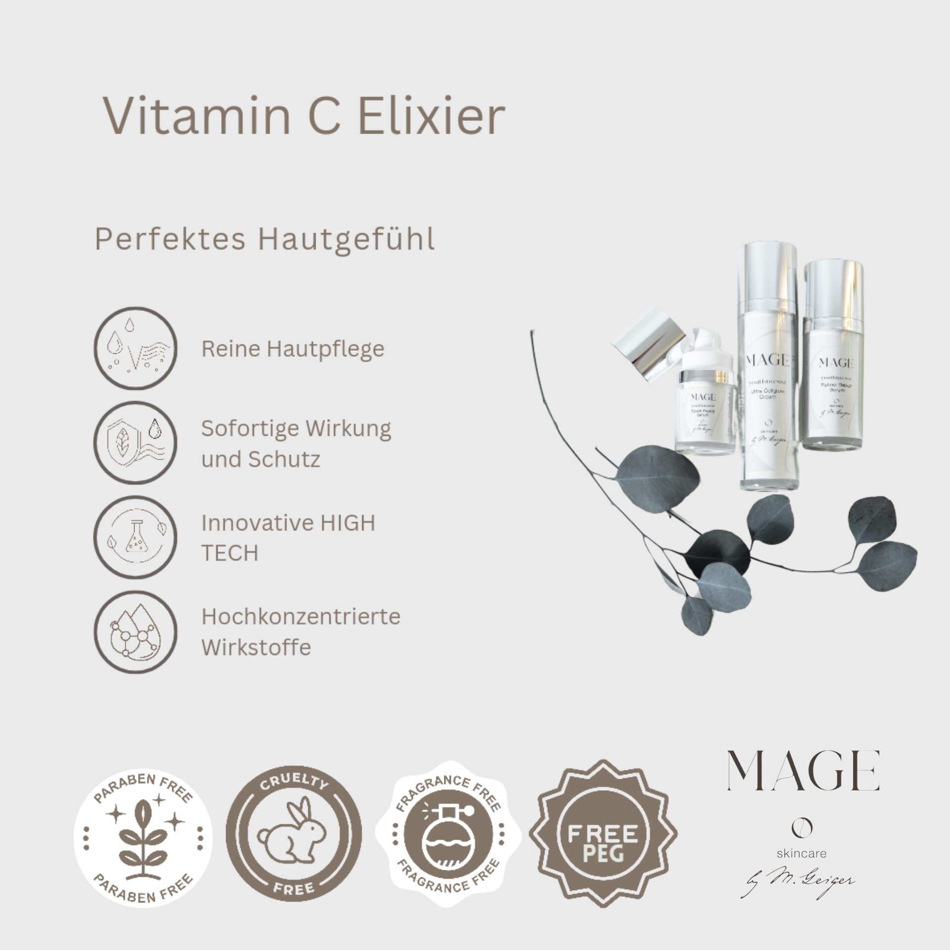MAGE Vitamine C Elixir Sérum visage anti-âge avec 20 % de vitamine C, soin du visage contre le vieillissement de la peau, pour une peau lisse, sans parfum, végétalien, fabriqué en Allemagne