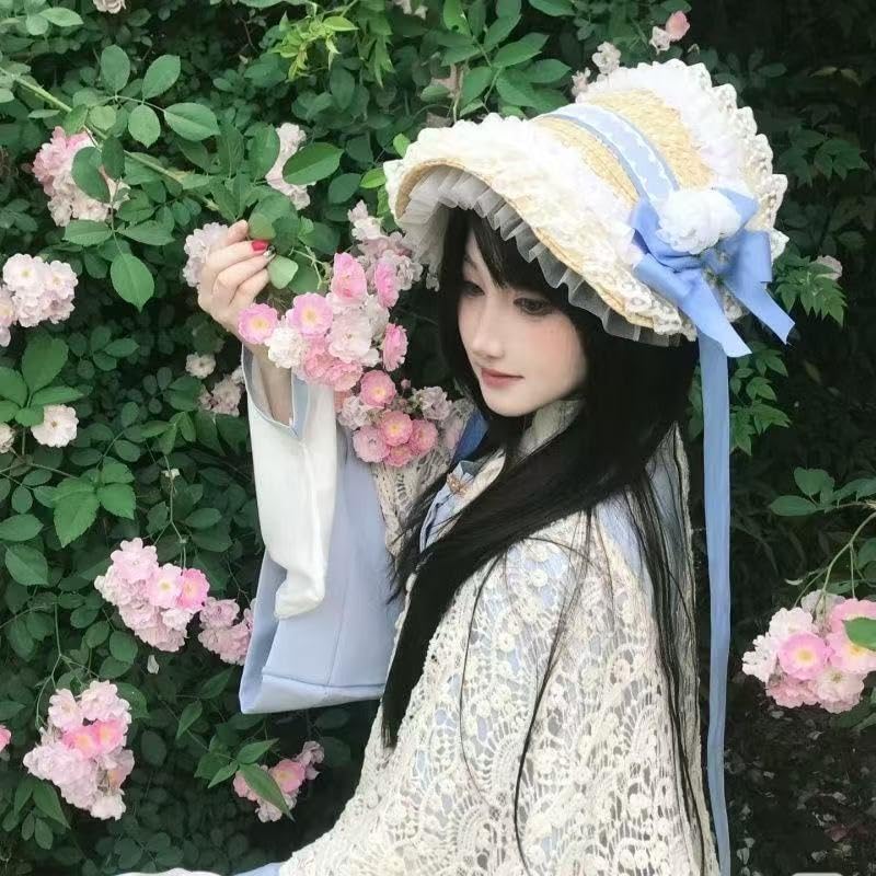 Sombrero victoriano de fiesta de té para mujer, con lazos de Lolita, sombreros de paja planos para mujer, sombrero de ala ancha con cordón de viento 3