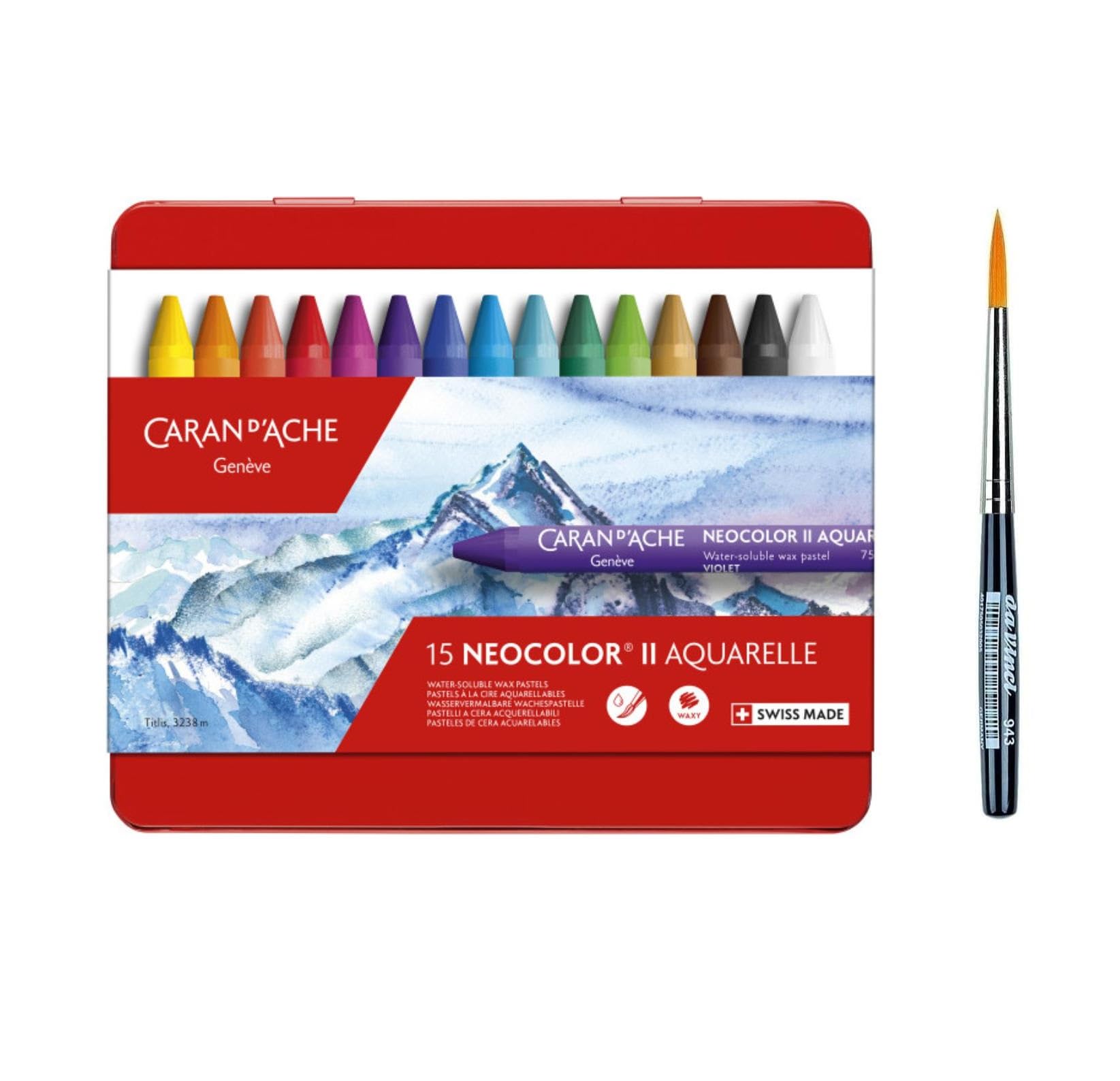Caran d'Ache Neocolor II, Pasteles de cera acuarelables, Lápices de cera Aquarellables Lote de 15 Y DAVINCI 943