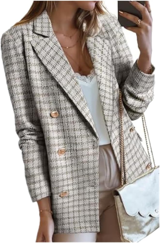 Womens Tweed Blazers Fall Plaid Suits Jackets Blazers for Women Casual