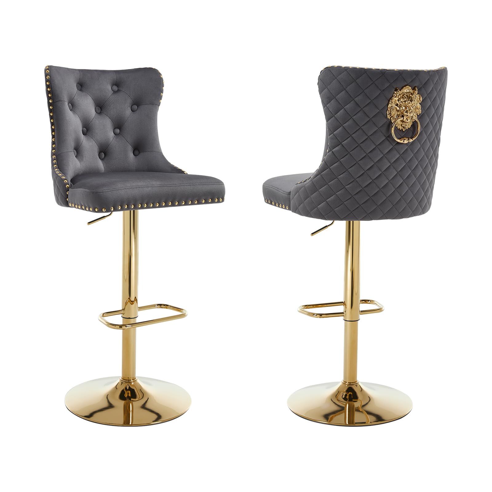 Relbiety Set of 2 Modern Velvet Breakfast Bar Stools With Backrest,Swivel Kitchen Stools Height Adjustable With Lion Knocker Gold Base for Kitchen Island Home Bar Pub,Dark Grey