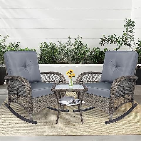 MEETWARM 3 Pieces Outdoor Wicker Rocking Chair Set, Rattan Patio Rocker Chairs Set with Cushions and Glass-Top Coffee Table, Conversation Bistro Set for Porch & Backyard - Gray Cover