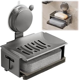 Vacuum Suction Cup Wall Mounted Soap Dish With Hooks, Bar Soap Holder for Shower Wall, Removable Waterproof Strong Holder Tray for Bathroom, Tub, Kitchen Sink (Gray)
