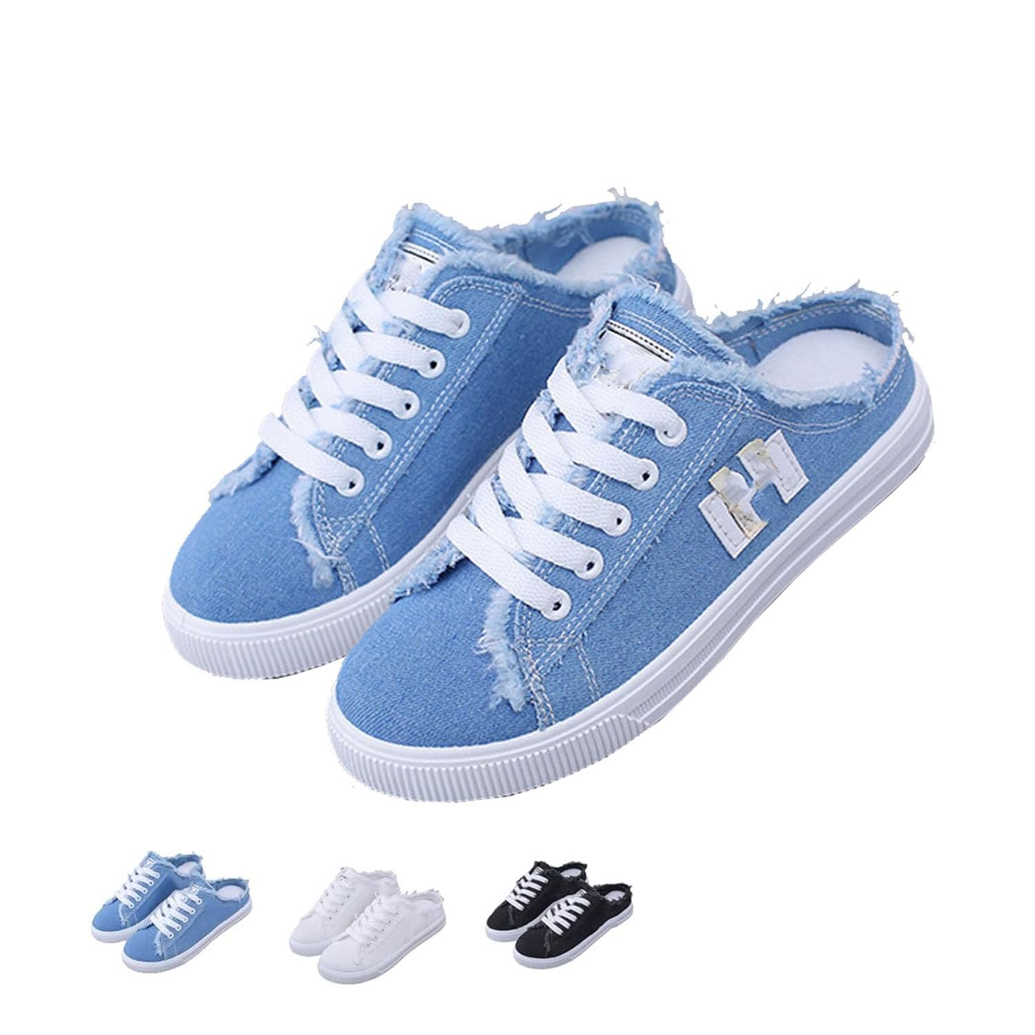 Mules en jean pour femme - Faciles à enfiler - Dos nu - Confortables - Bout rond - Lacets en toile - Demi-baskets légères et respirantes