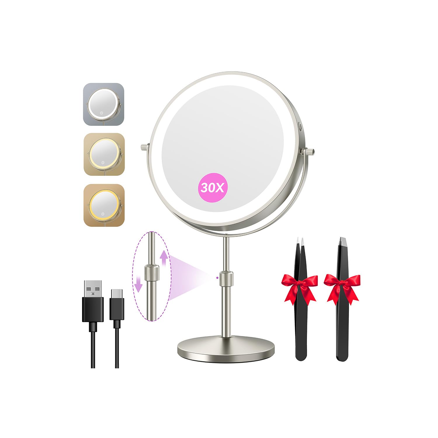 Auxmir 9'' Lighted Magnifying Makeup Mirror, 30X/1X Double-Sided, Nickel