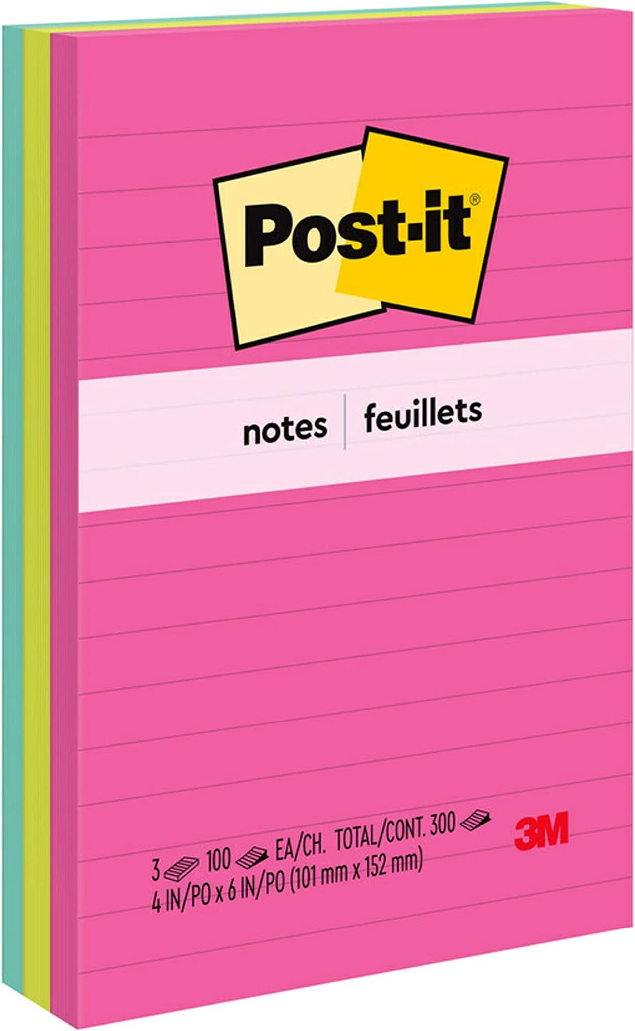 Post-itNotes, 4x6 in, 3 Pads, America's #1 Favorite Sticky Notes, Cape Town Collection, Bright Colors (Magenta, Pink, Blue, Green), Clean Removal, Recyclable (660-3AN)