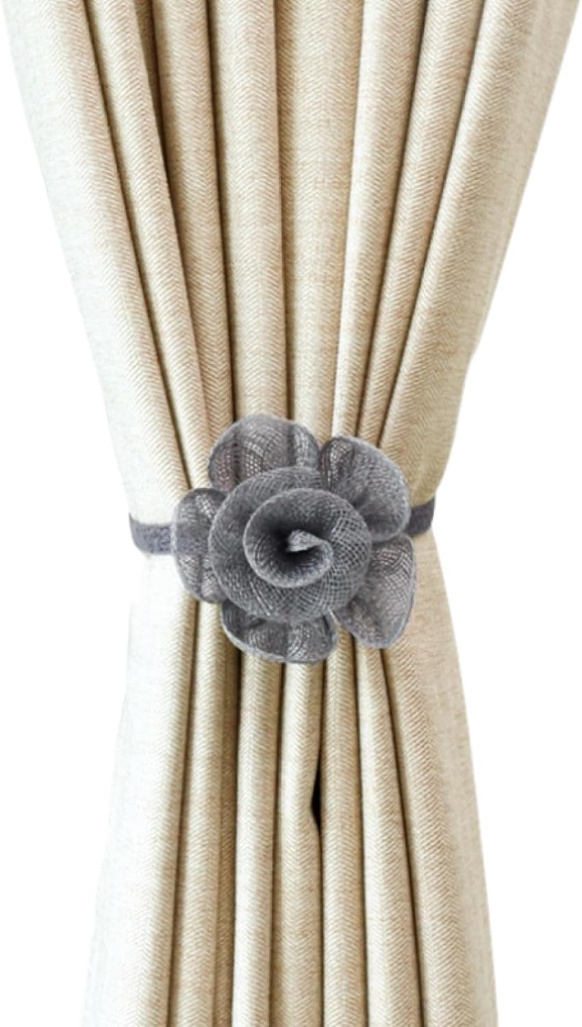 Curtain Ties 2 Pieces Cotton and Linen Five Petal Flower Curtain Buckle Magnet Strap No Perforated Installation Curtain Buckle Pink (Dark Gray)