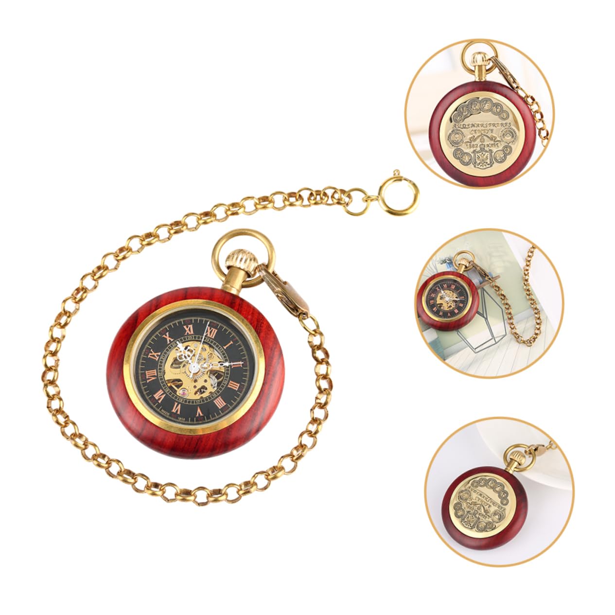 CALLARON Reloj de Bolsillo Mecánico Colgante con Números Clásicos, Diseño Antiguo de Madera y Vidrio, Decorativo para Uso Diario o Eventos Obsequios