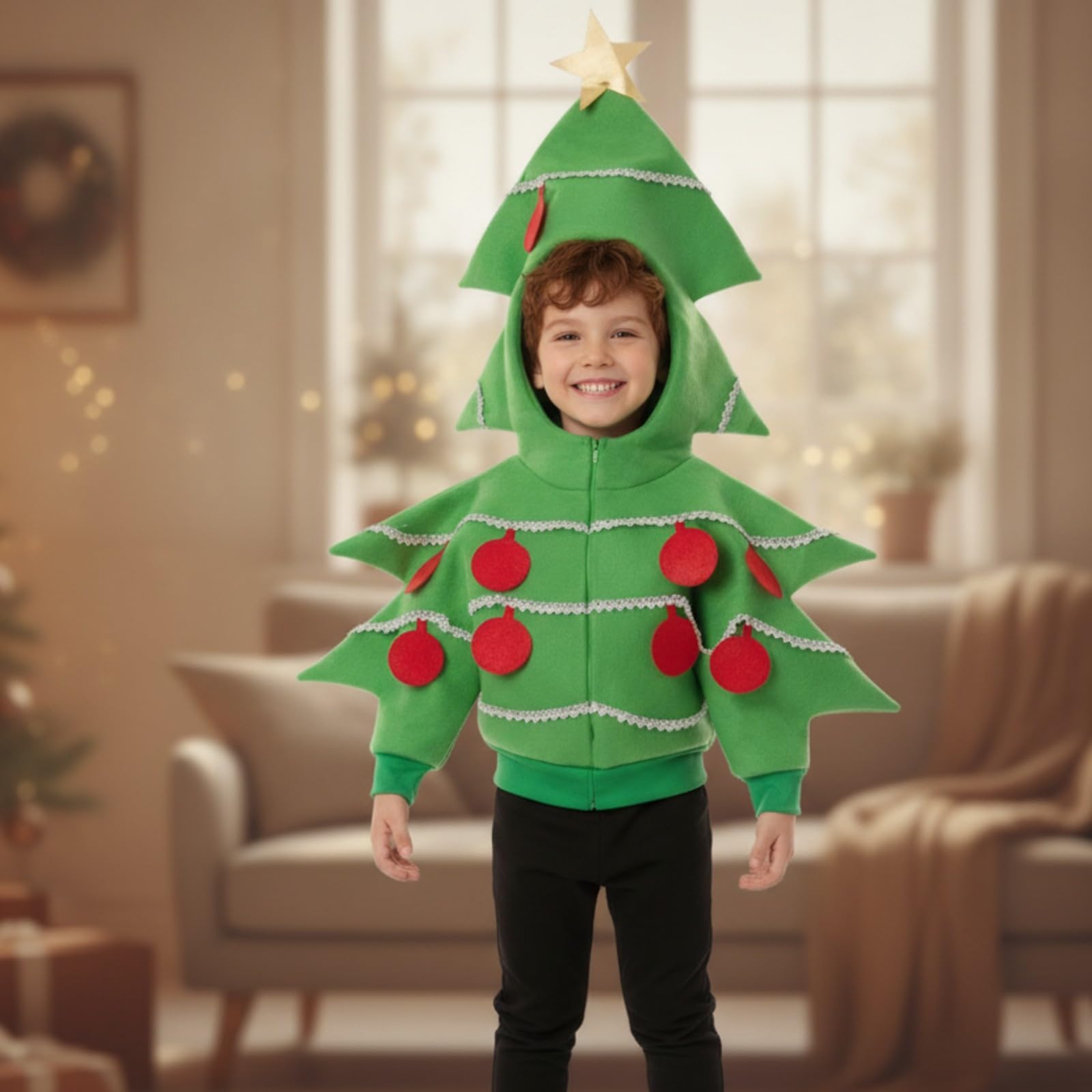 Costume Albero di Natale con Cappuccio Costume Natalizio con Applicazioni a Palline Dorato per Foto Festive