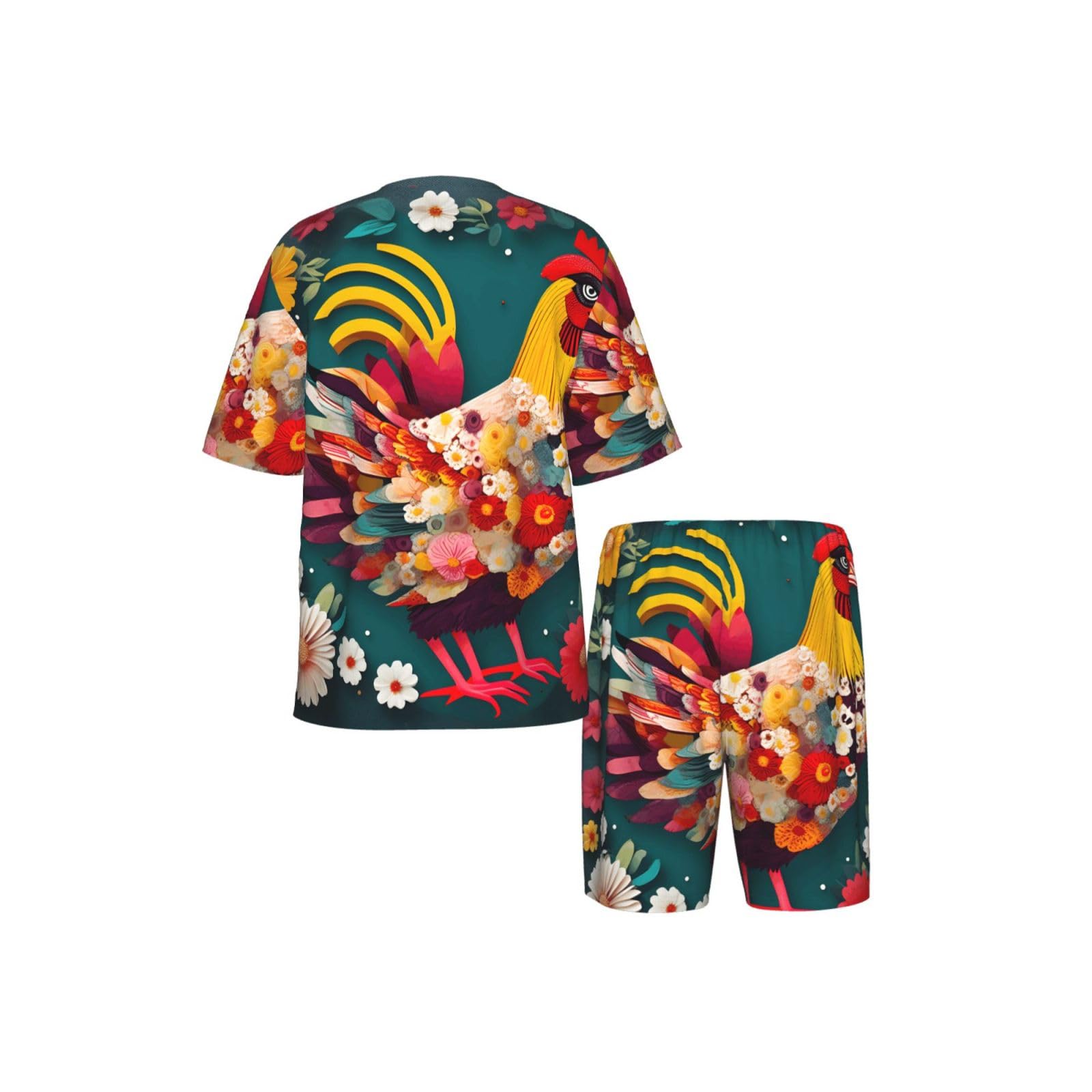 Conjunto de pijama clásico con estampado de pollo y corazón de flores, pantalones cortos de pijama suaves para hombre, perfecto para las noches de verano