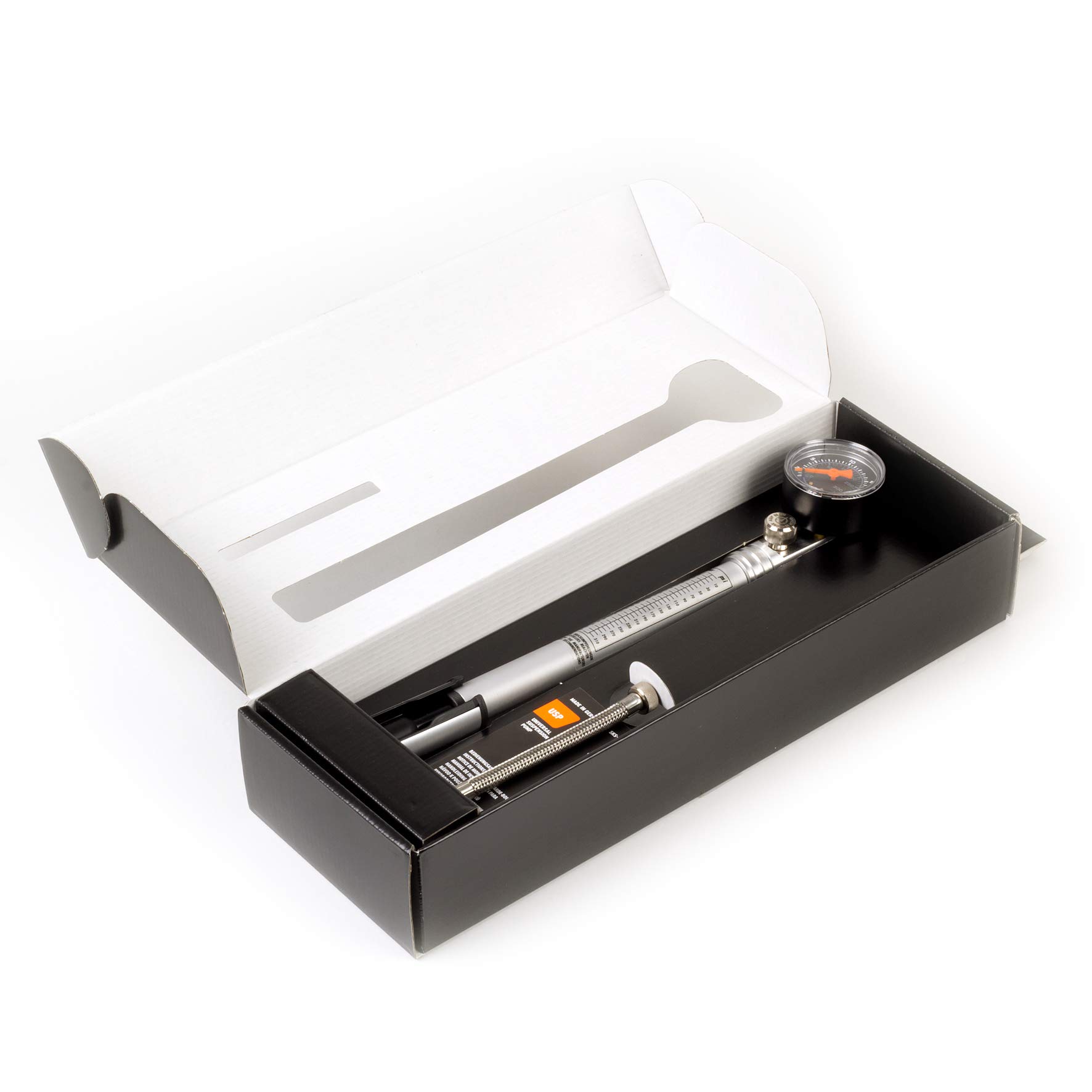 SKS Germany Bomba de Choque Profesional USP (Bomba de Bicicleta, Aluminio T-3103, manómetro de precisión, presión máxima: 22 Bar / 315 PSI, conexión de válvula: AV), Plata