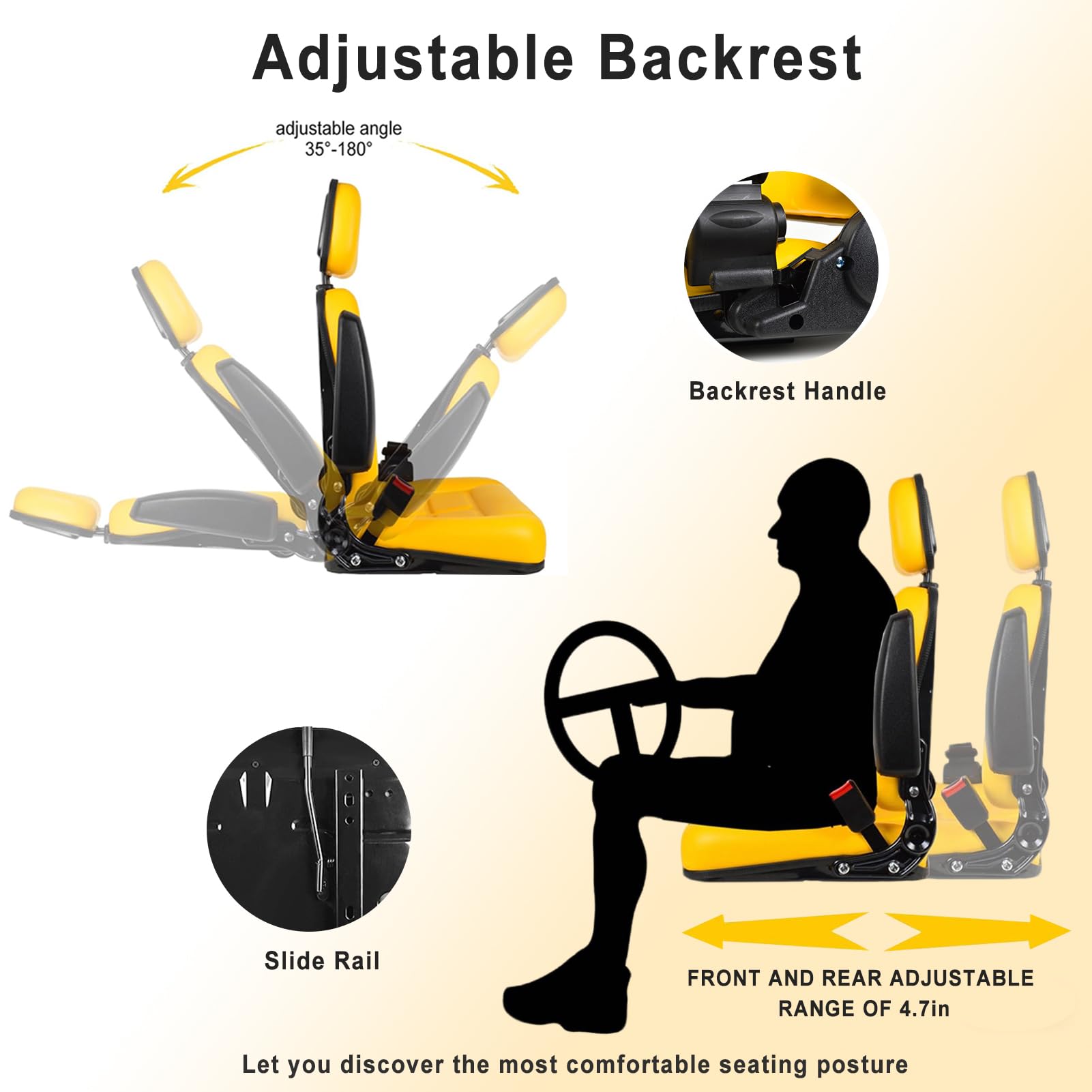 Siège Universel Pour Chariot élévateur Avec Dossier Réglable à 180 °, Coulissant En PVC Imperméable Avec Appuie-tête, Accoudoirs, Ceinture De Sécurité, Siège De Tondeuse Pour Tracteur, Pelleteuse