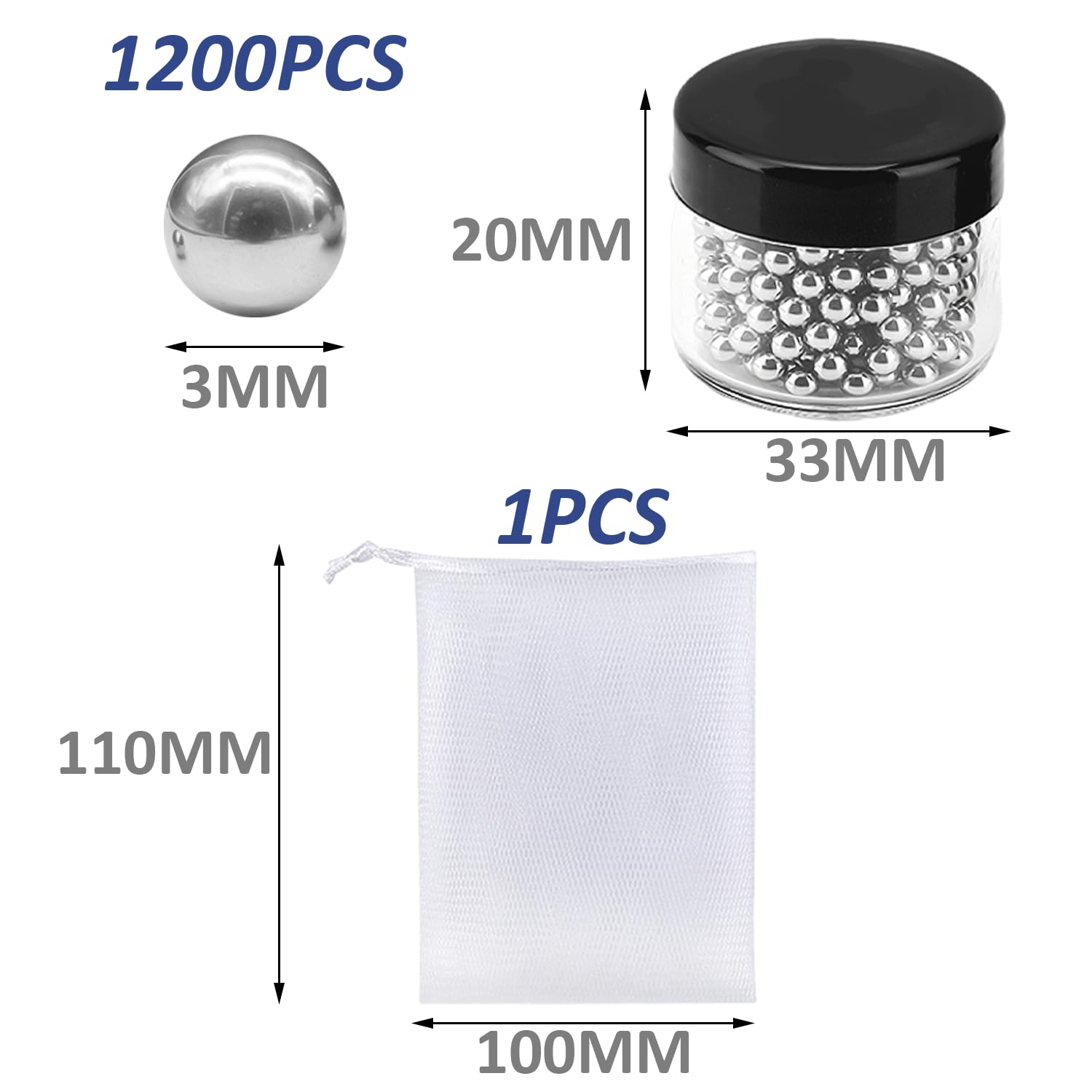 3 cajas de 1200 cuentas de limpieza, equipadas con una pequeña bolsa de malla y cuentas de limpieza de acero inoxidable sin costuras, adecuadas para limpiar jarrones, jarras y botellas de agua