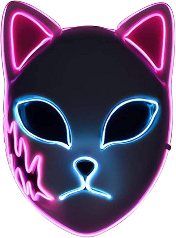 Erfula Halloween Mask Demon Slayer Fox Cat Mask with LED Light Above