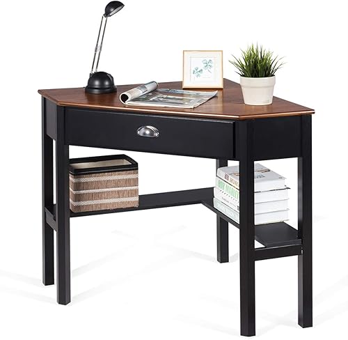 Miniatura 9 de RELAX4LIFE Escritorio esquinero para computadora triangular con cajón y estantes, mesa estable para computadora portátil, escritorio para oficina en
