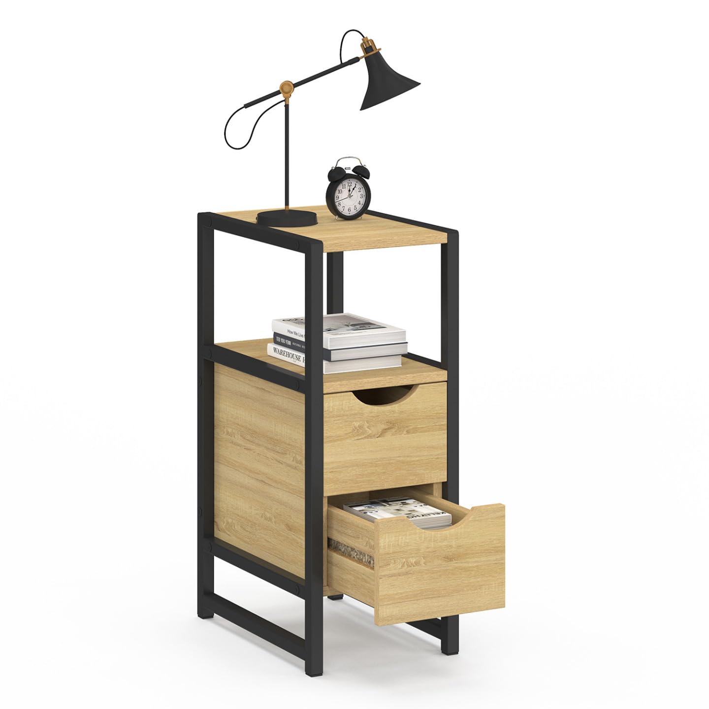 IDMarket - Lot de 2 Tables de Chevet Detroit 2 tiroirs et 1 Niche Bois et métal Noir Design Industriel