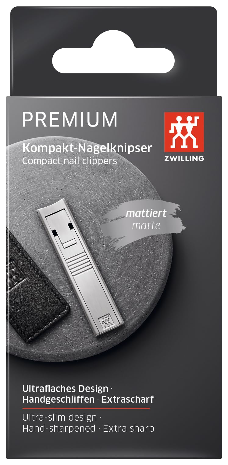 ZWILLING Tagliaunghie compatto (ultrapiatto con lima per unghie, tagliente leggermente curvo, per i viaggi e gli spostamenti, include custodia in pelle), premium, argento