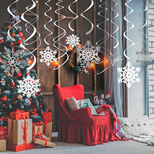 Image of 30 Pieces Christmas Ceiling Decorations, Christmas Hanging Swirls Decorations Indoor with Snowflake Swirl, Snowflake Silver & White Hanging Snowflakes for Xmas New Year Holiday Party Decorations