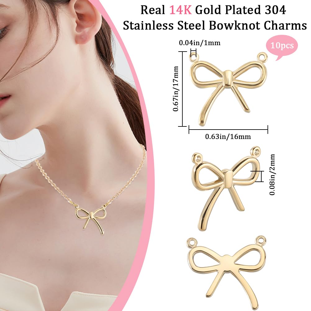 Beebeecraft 1 Box 6Pcs Bowknot Charms 14K Gold Plated 304 Stainless Steel Hollow Bowknot Links with 2 Holes for Necklace Jewelry Making (Hole: 1mm) - Image 2