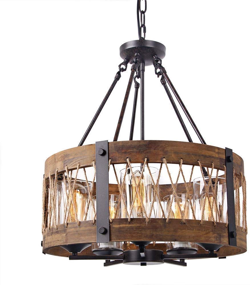 Lustre en bois rétro plafonnier rustique avec suspension corde et verre
