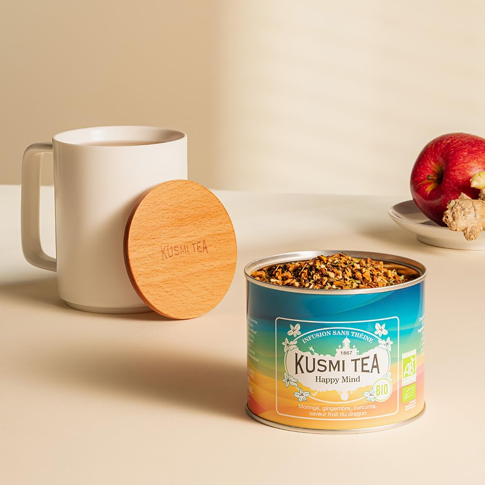 Kusmi Tea - Happy Mind - Organic Herbal Tea with Dragon Fruit, Turmeric, Apple, Chili Pepper, Moringa, Lemon & Ginger - Caffeine Free - Loose Leaf Tea - Tin Box of 3.5 oz - Quantity for about 50 cups