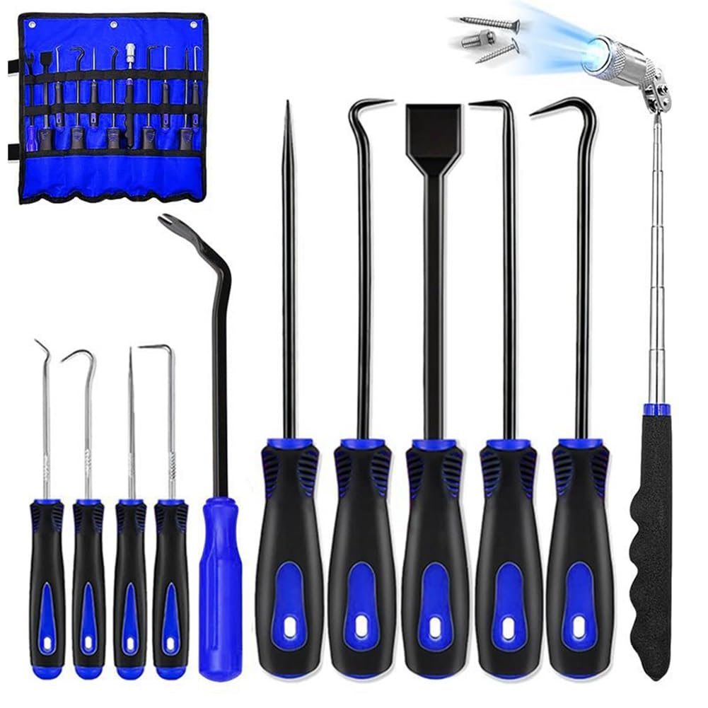 Rersduyt 11 Pcs Automotive Hook and Pick Tool Set with Telescoping Magnetic Pickup Gasket Scraper Remover Pry for Auto