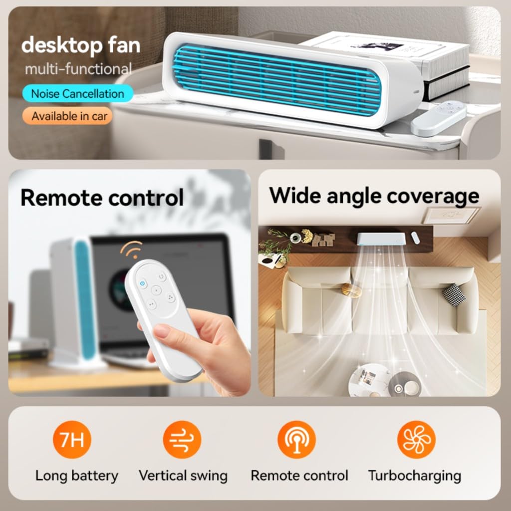 TFixol Ventilatore Torre Senza Pale Portatile USB 290mm Silenzioso - Oscillante 3 Velocità Ricaricabile 4000mAh per Ufficio Campeggio Auto